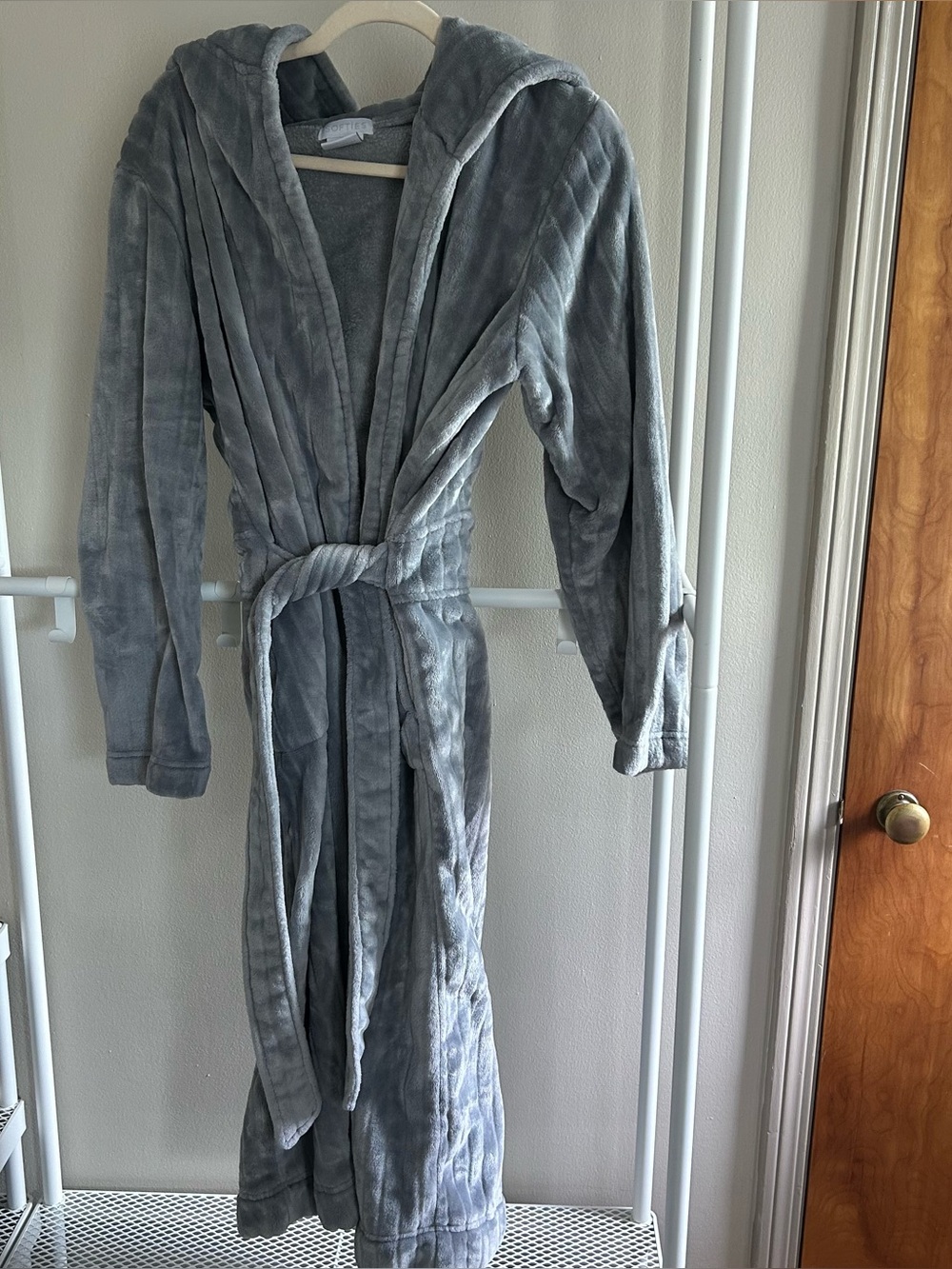 Softies grey plush robe with hood and pockets size S